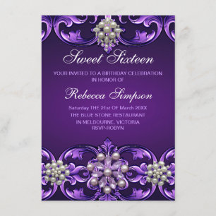 Purple Damask & Pearl Sweet 16 Birthday Invite