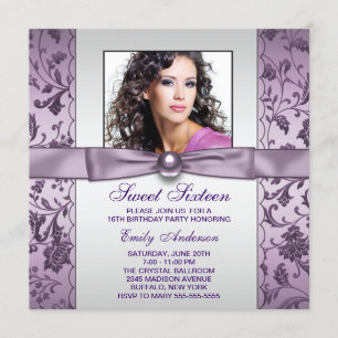 Purple Damask Photo Sweet Sixteen Birthday Party Invitation