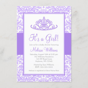 Purple Damask Princess Crown Girl Baby Shower Invitation