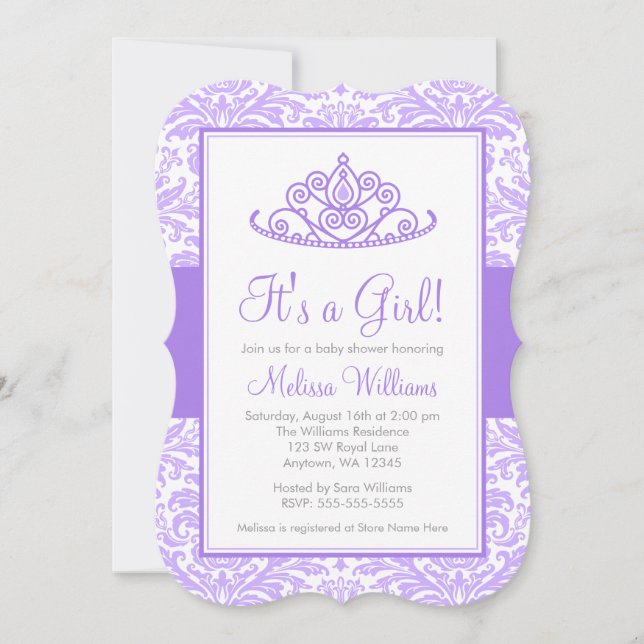 Purple Damask Princess Crown Girl Baby Shower Invitation (Front)