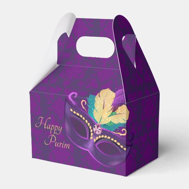 Purple Damask Purim Mask Party Favour Box (Front Side)