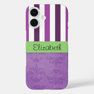Purple Damask, Purple Stripes, Striped, Your Name iPhone 16 Case