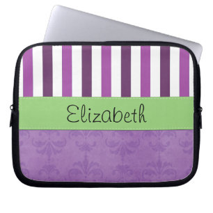 Purple Damask, Purple Stripes, Striped, Your Name Laptop Sleeve