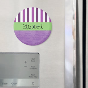 Purple Damask, Purple Stripes, Striped, Your Name Magnet