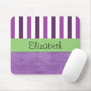 Purple Damask, Purple Stripes, Striped, Your Name Mouse Pad