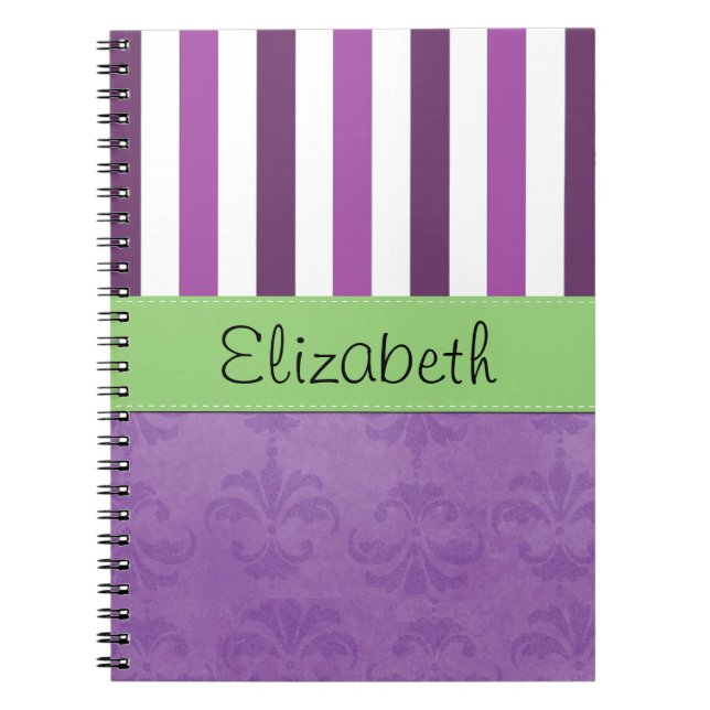 Purple Damask, Purple Stripes, Striped, Your Name Notebook (Front)
