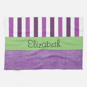 Purple Damask, Purple Stripes, Striped, Your Name Tea Towel