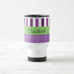 Purple Damask, Purple Stripes, Striped, Your Name Travel Mug