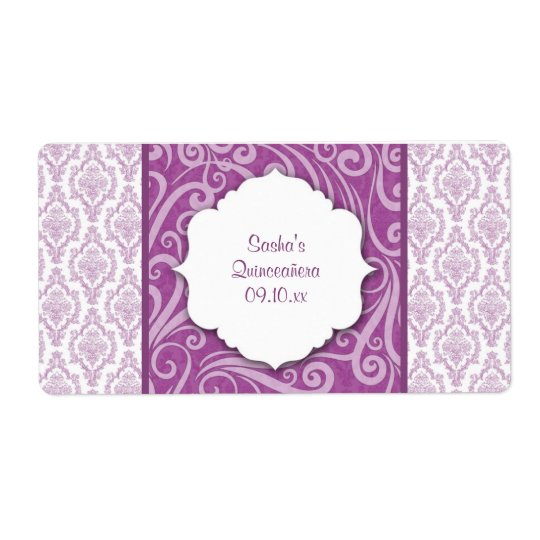 Purple Damask Quinceañera Water Bottle or Favour Shipping Label