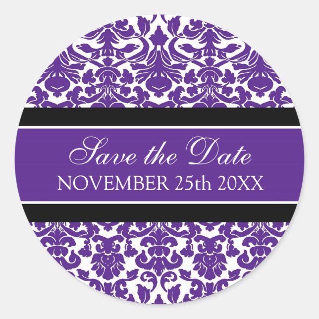 Purple Damask Save the Date Envelope Seal (Front)