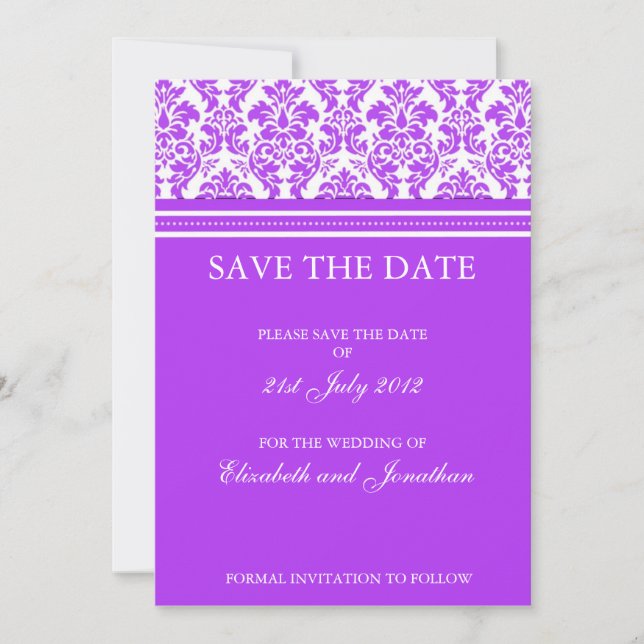 Purple Damask Save The Date Postcard (Front)