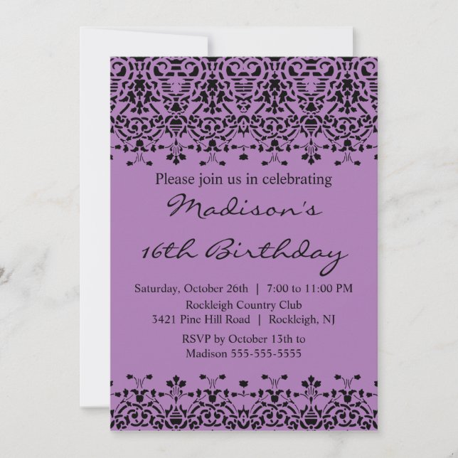 Purple Damask Sweet Sixteen Birthday Invitation (Front)
