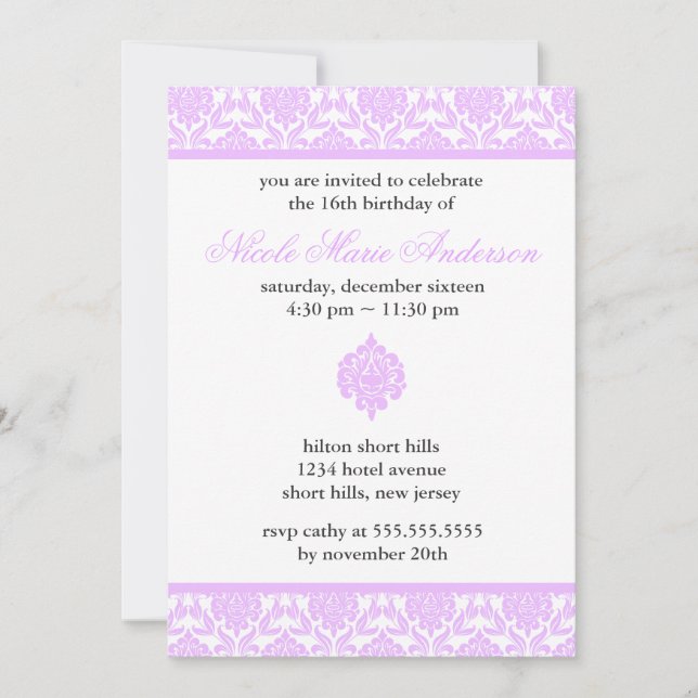 Purple Damask Sweet Sixteen Invitations (Front)