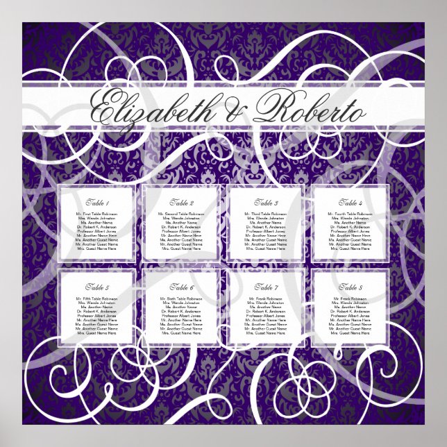 Purple Damask Swirls 8 Table Seating Chart (Front)