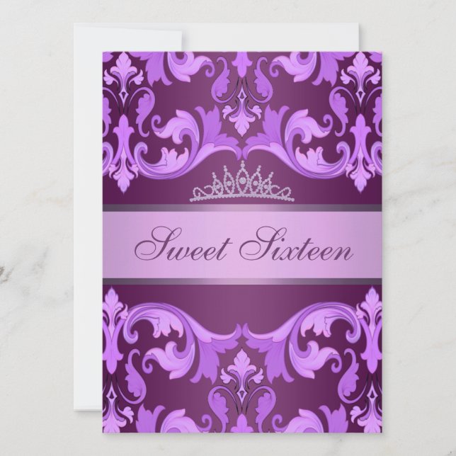 Purple Damask & Tiara Sweet16 Birthday Invite (Front)
