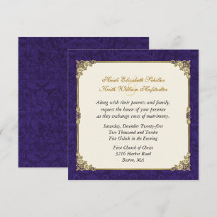Purple Damask & Vintage Gold Wedding Invitation