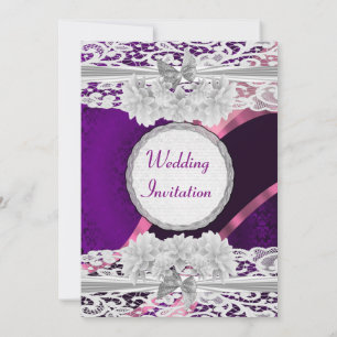 Purple damask  vintage white lace wedding invitation