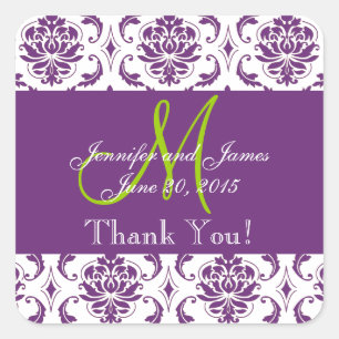 Purple Damask Wedding Favour Thank You Square Sticker