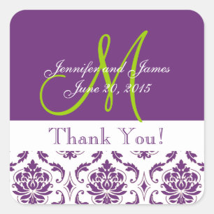 Purple Damask Wedding Favour Thank You Square Sticker