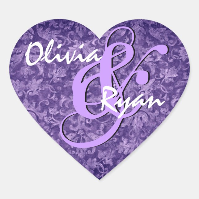 Purple Damask Wedding Heart Sticker (Front)
