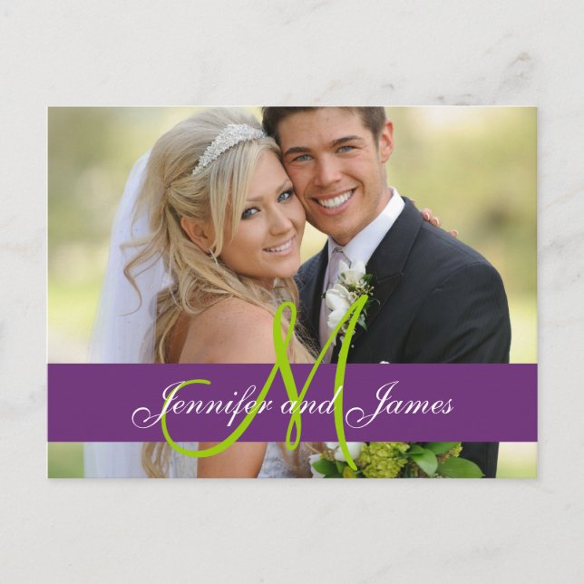 Purple Damask Wedding Photo Thank You Postcard (Front)
