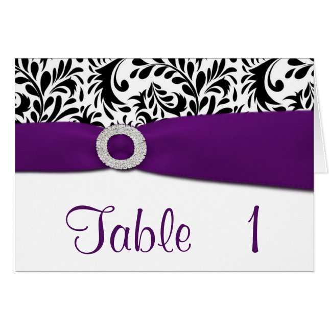 Purple Damask Wedding Reception Table Number Cards (Front Horizontal)