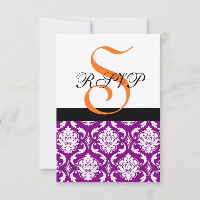 Purple Damask Wedding RSVP Card | Orange Monogram (Front)