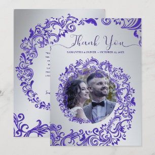 Purple Damask Wedding Thank You Photo Card