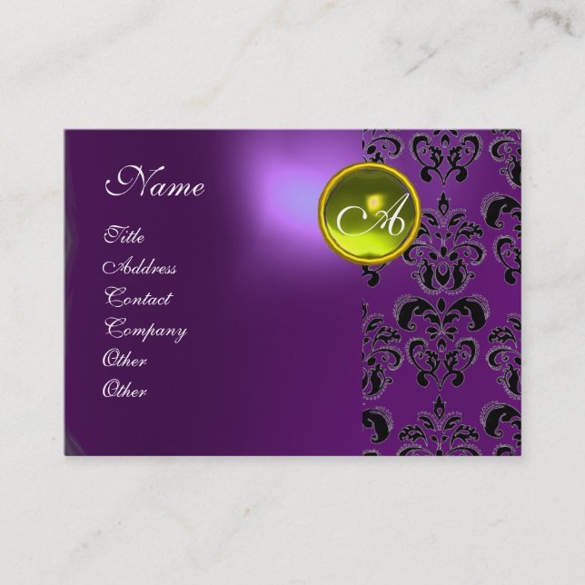 PURPLE DAMASK YELLOW TOPAZ MONOGRAM ,violet Business Card (Front)