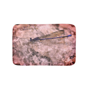 Purple Damselfly On Quartz Rock Close Up  Bath Mat