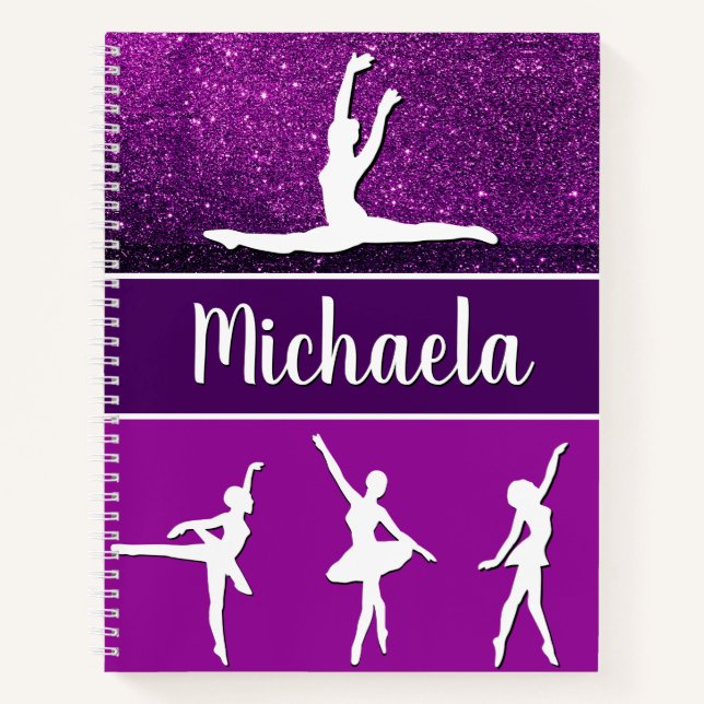 Purple Dance Ballerina Customisable Name Glitter Notebook (Front)