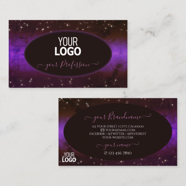 Purple Dark Burgundy Galaxy Glitter Stars Add Logo Business Card (Front/Back)