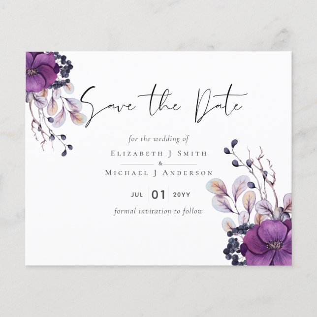 Purple Dark Floral Budget Wedding Save Dates (Front)