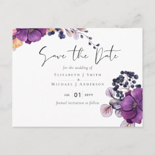 Purple  Dark Floral Budget Wedding Save Dates Postcard