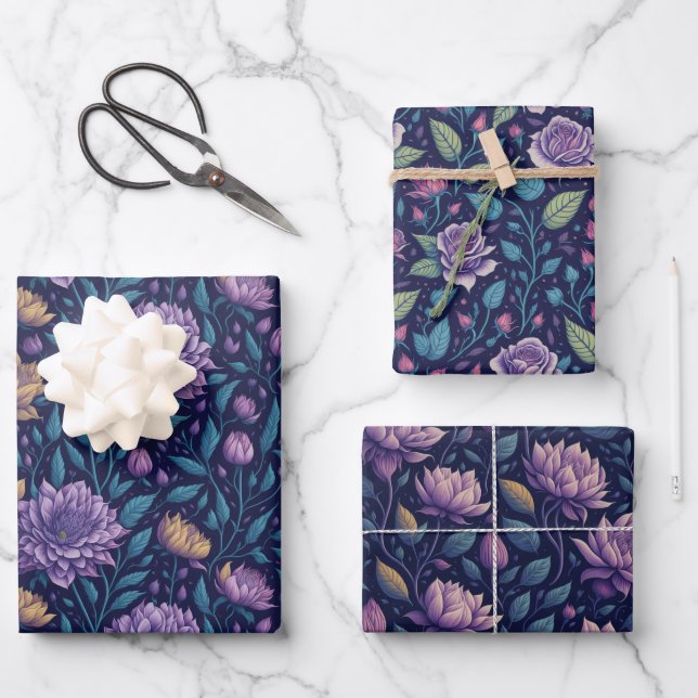 Purple Dark Magnolia And Rose Wrapping Paper  (Front)