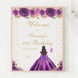 Purple Dark Skin Girl Birthday Party Welcome Poster