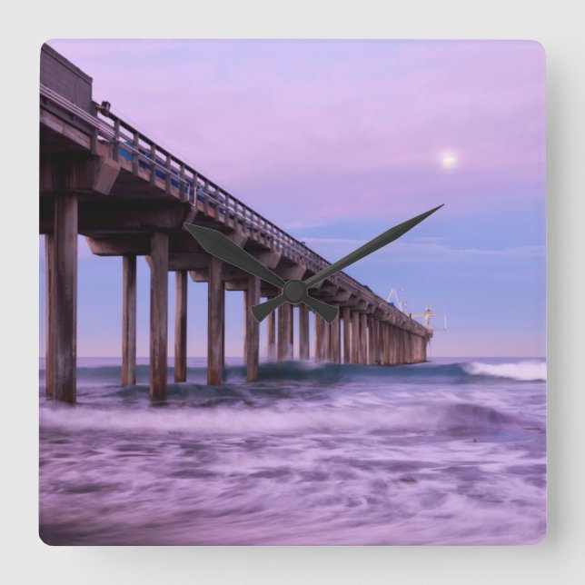 Purple dawn over pier, California Square Wall Clock (Front)