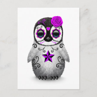 Purple Day of the Dead Sugar Skull Penguin White Postcard