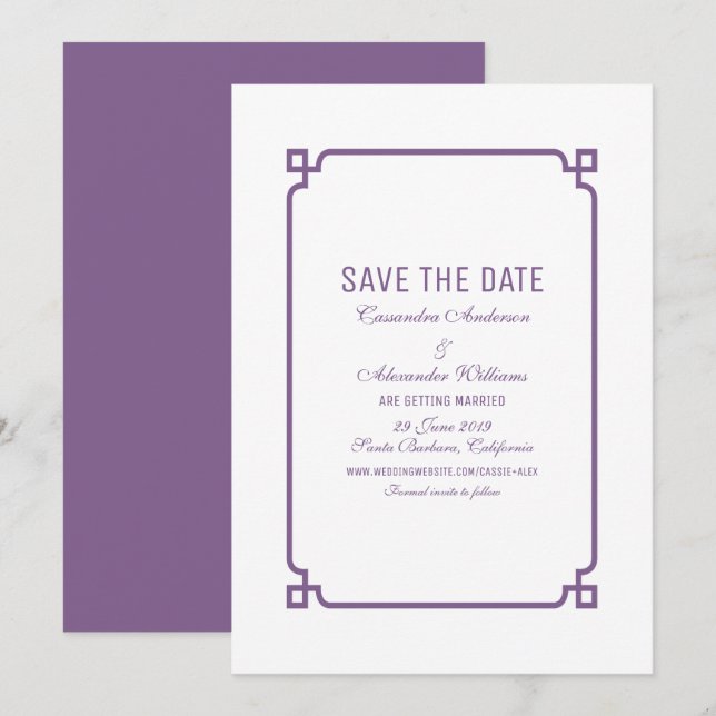 Purple Deco Chic Save the Date Invite (Front/Back)