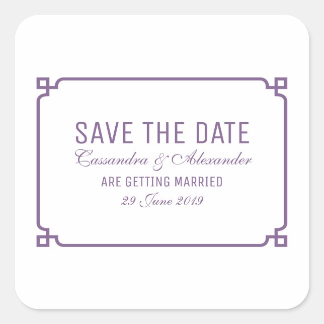 Purple Deco Chic Save the Date Square Sticker (Front)