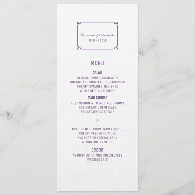 Purple Deco Chic Wedding Menu (Front)