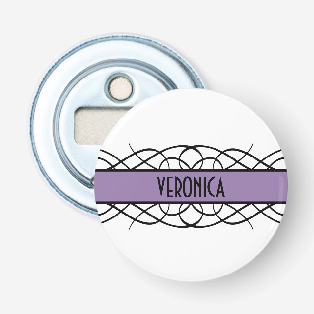 Purple Deco Flourish Button Bottle Opener (Front)