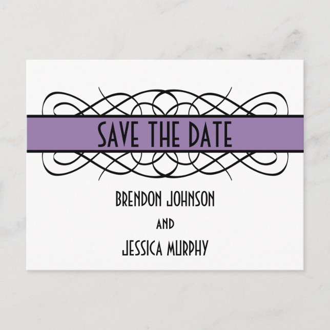 Purple Deco Flourish Save the Date Postcard (Front)