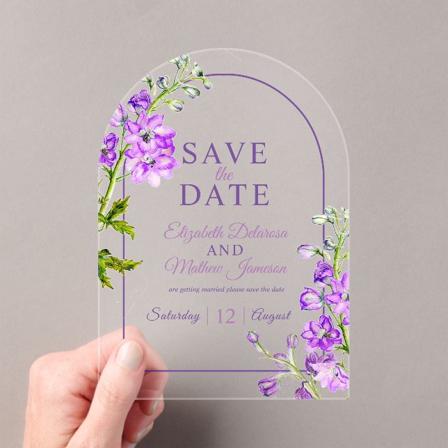 Purple delphinium botanical acrylic save the date invitations (Insitu (Handheld))