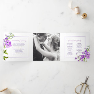 Purple delphinium flowers watercolor wedding Tri-Fold programme