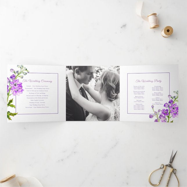 Purple delphinium flowers watercolor wedding Tri-Fold programme (Inside)