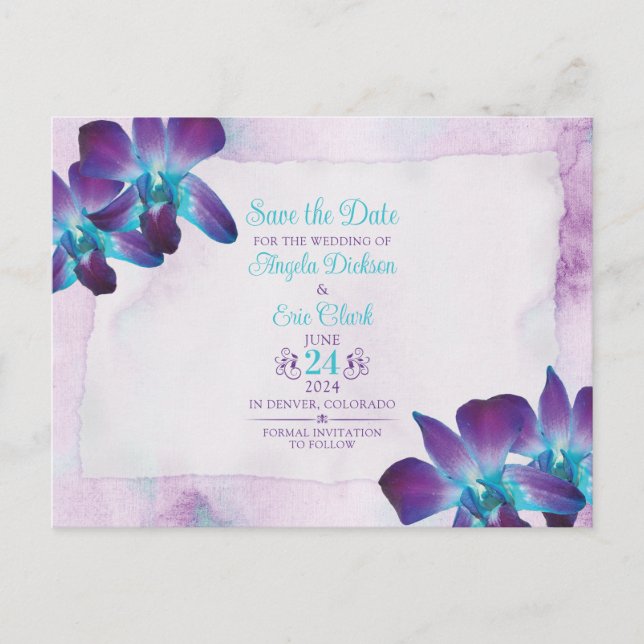 Purple Dendrobium Orchid Wedding Save the Date Postcard (Front)