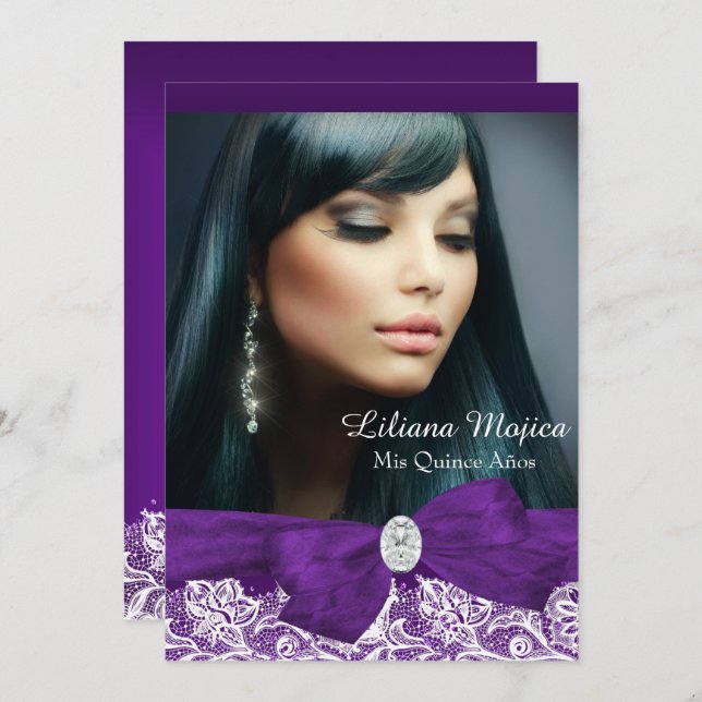 Purple Diamond Bow & Pretty Lace Quinceanera Invitation (Front/Back)