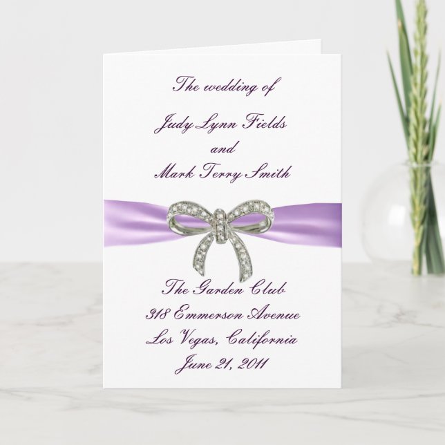 Purple Diamond Bow Wedding Program Card (Front)