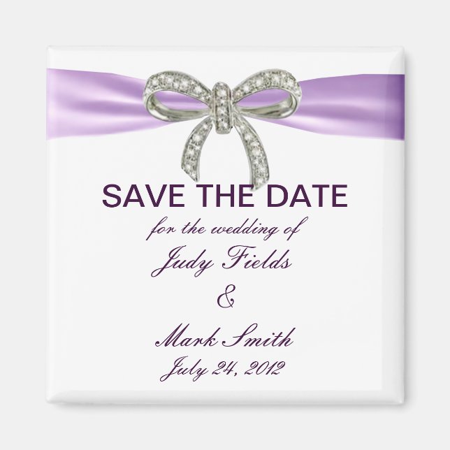 Purple Diamond Bow Wedding Save The Date Magnet (Front)
